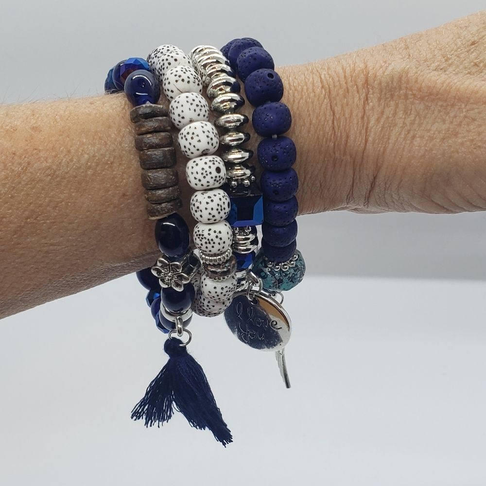 Blue Beaded Multi-Layer Bracelet With Tassel I Love You Charm - Picture 4 of 8